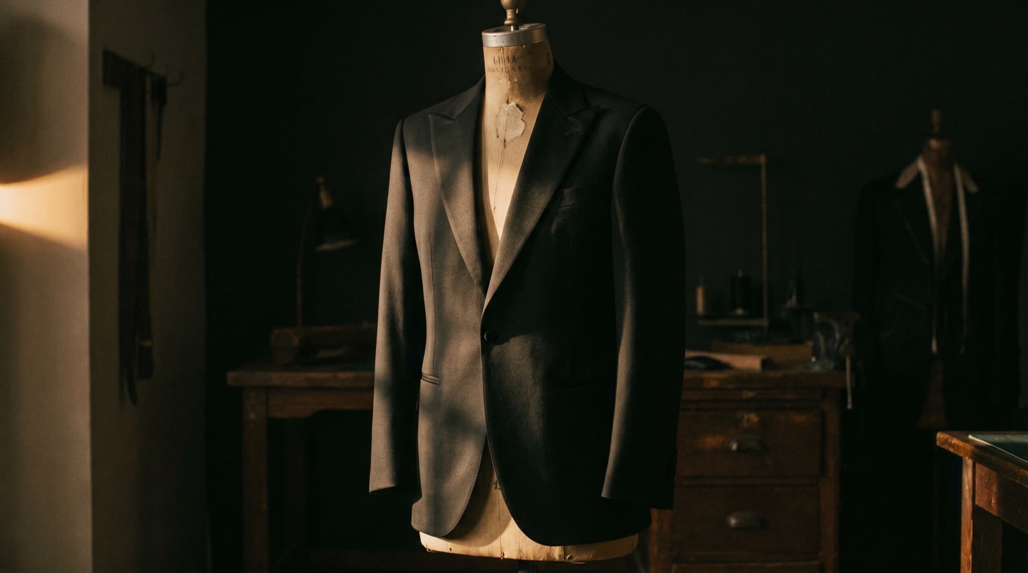 A dark suit on a tailor's form in side light