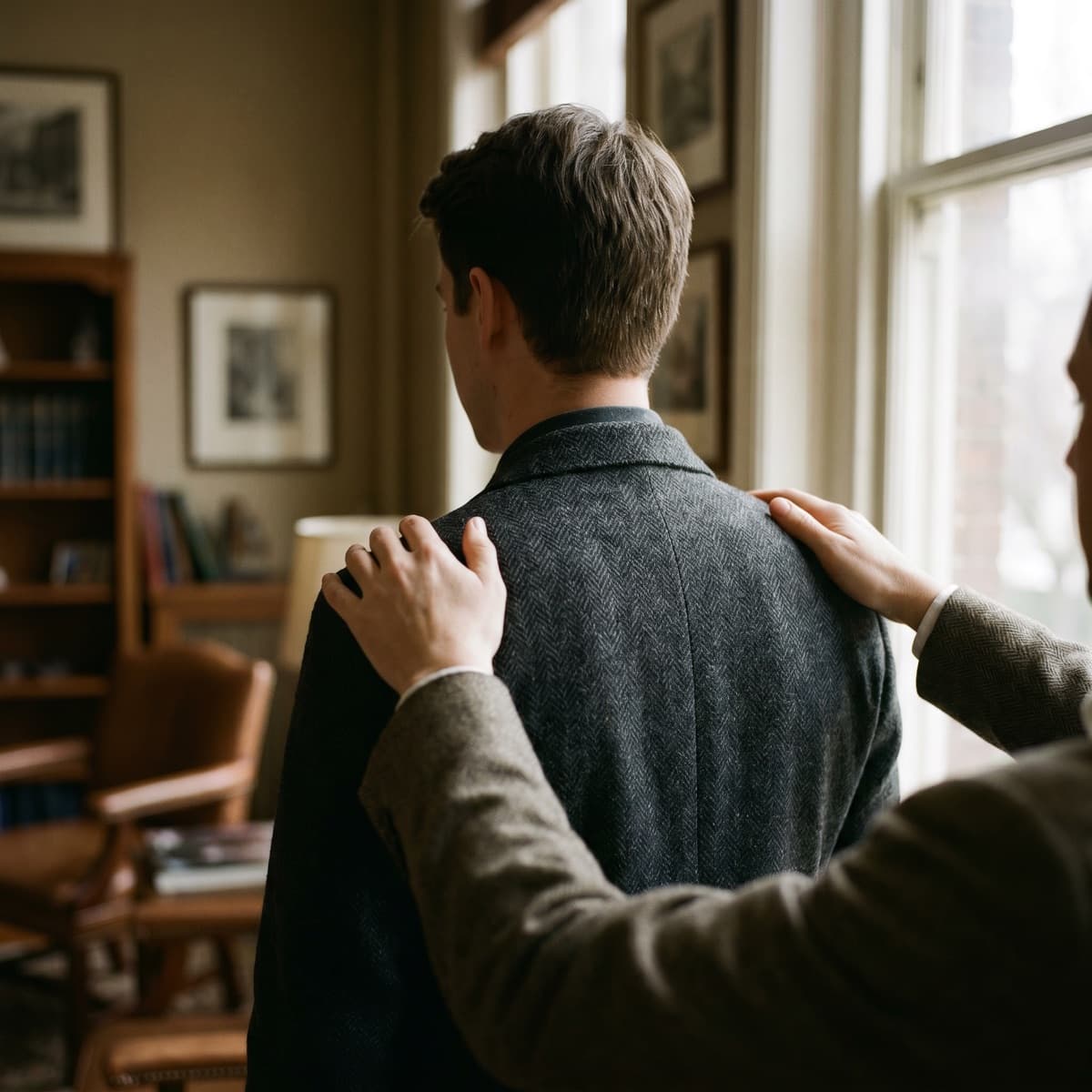 Hands adjusting the shoulders of a first good blazer