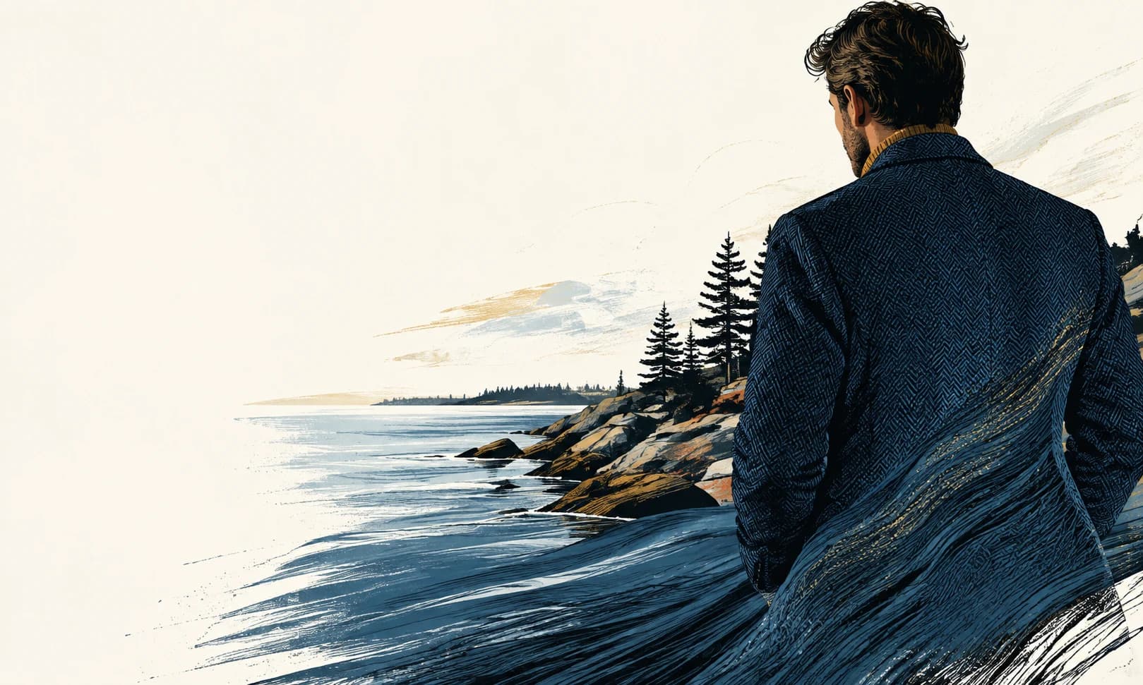 Cloth and Coast: an original illustration of a man in a navy sport coat, its woven lines flowing into the northern shoreline