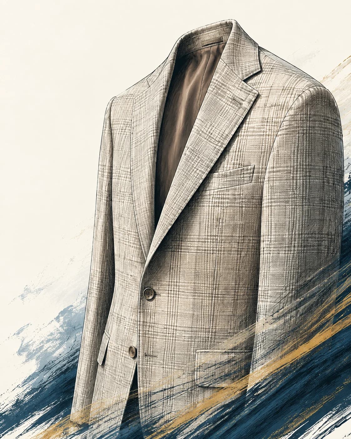 Editorial illustration of a light checked sport coat, based on a garment photographed in the shop