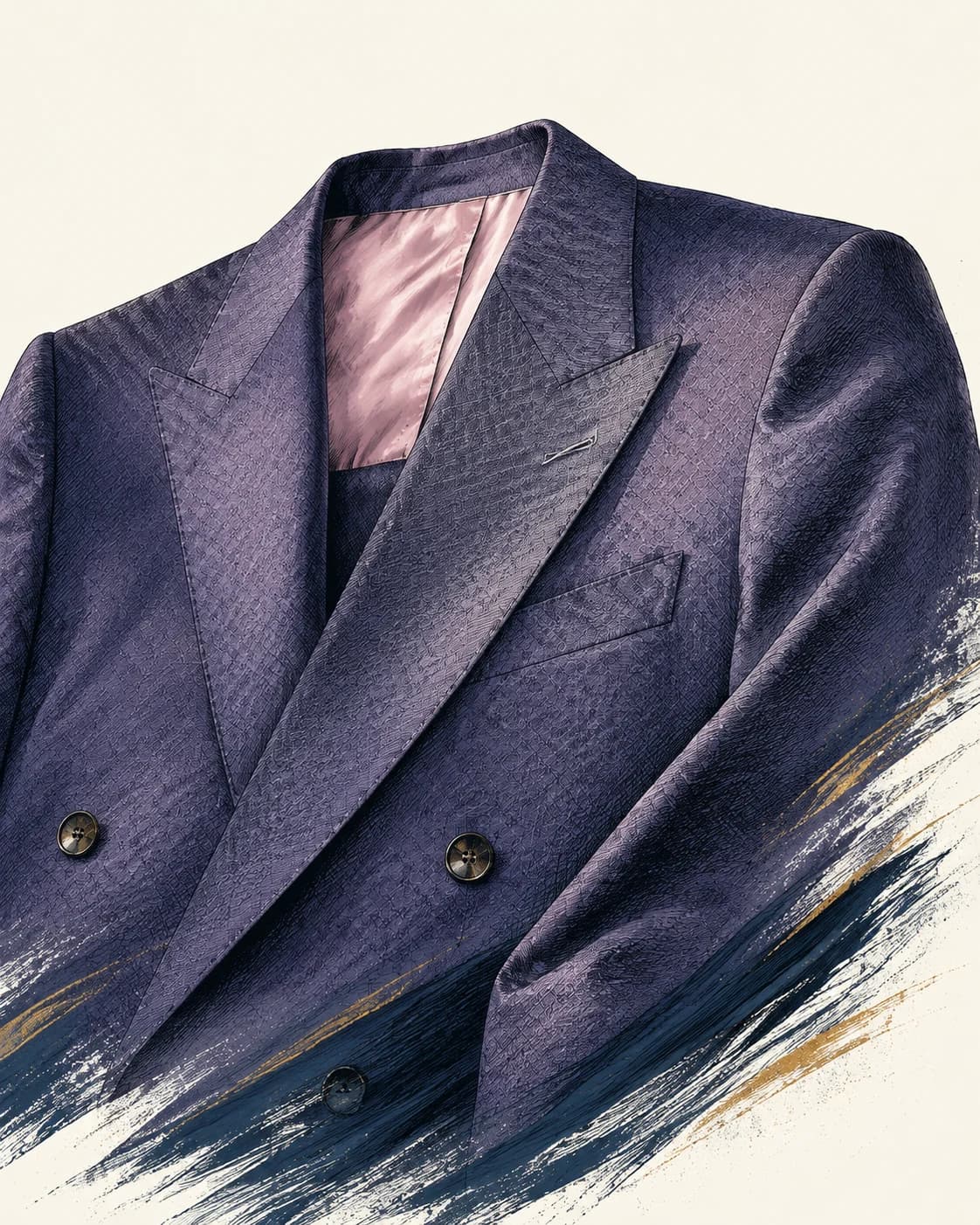 Editorial illustration of a blue-violet jacket with peaked lapels and blush lining