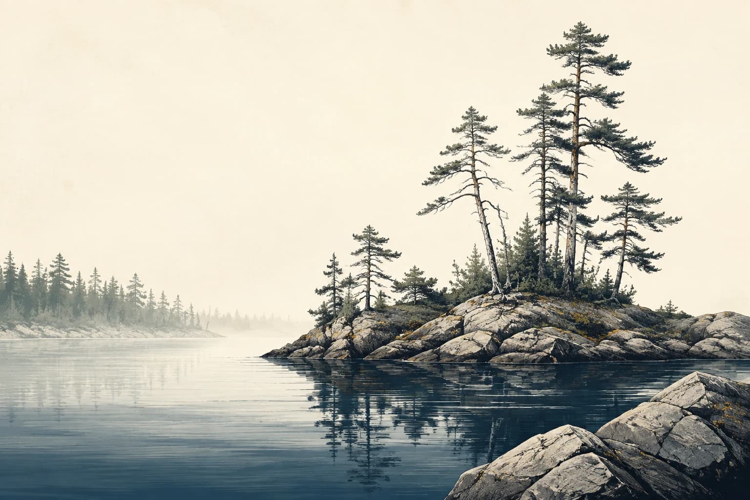 Original illustration of pines on a granite island reflected in quiet northern water