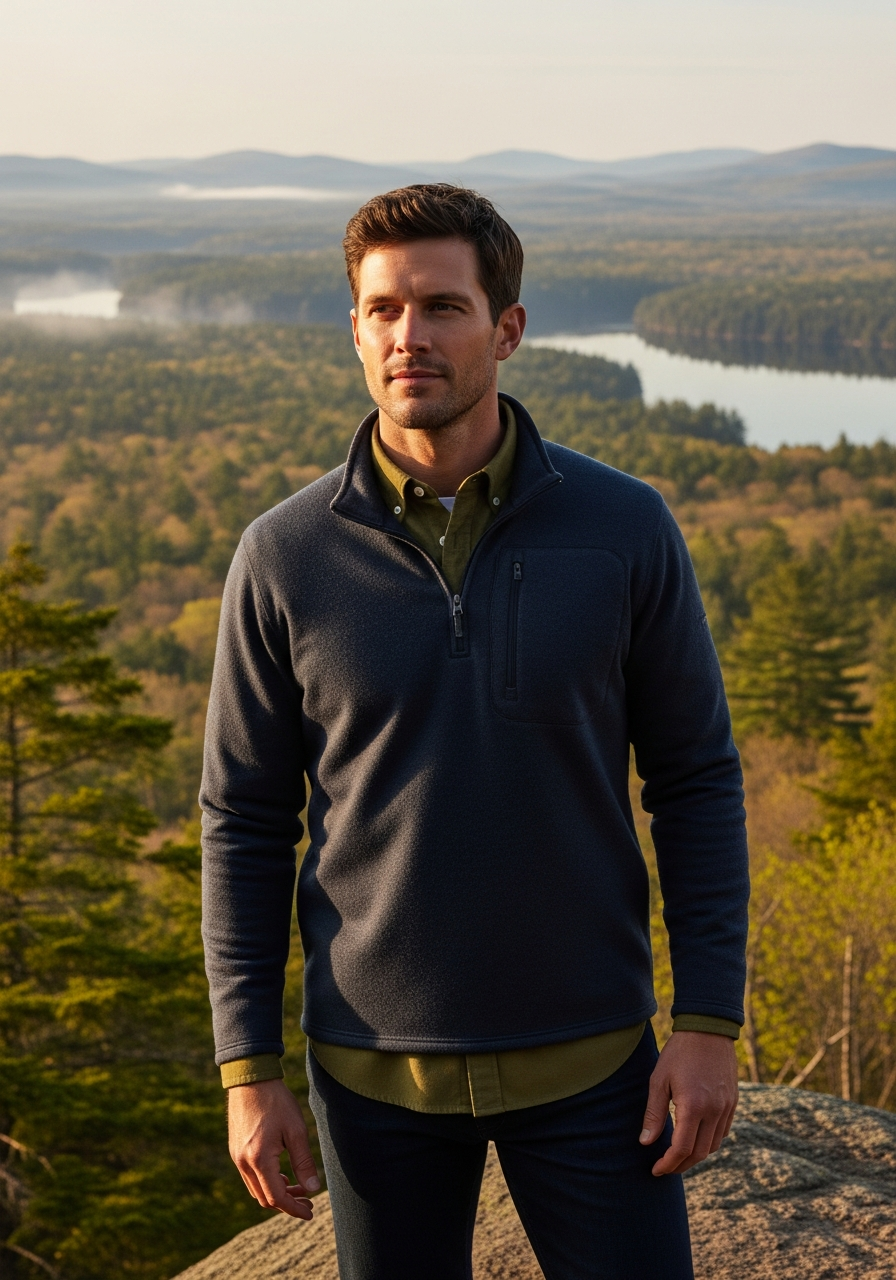 The merino quarter-zip over a button-down. It goes from the trailhead to the taproom without a costume change.