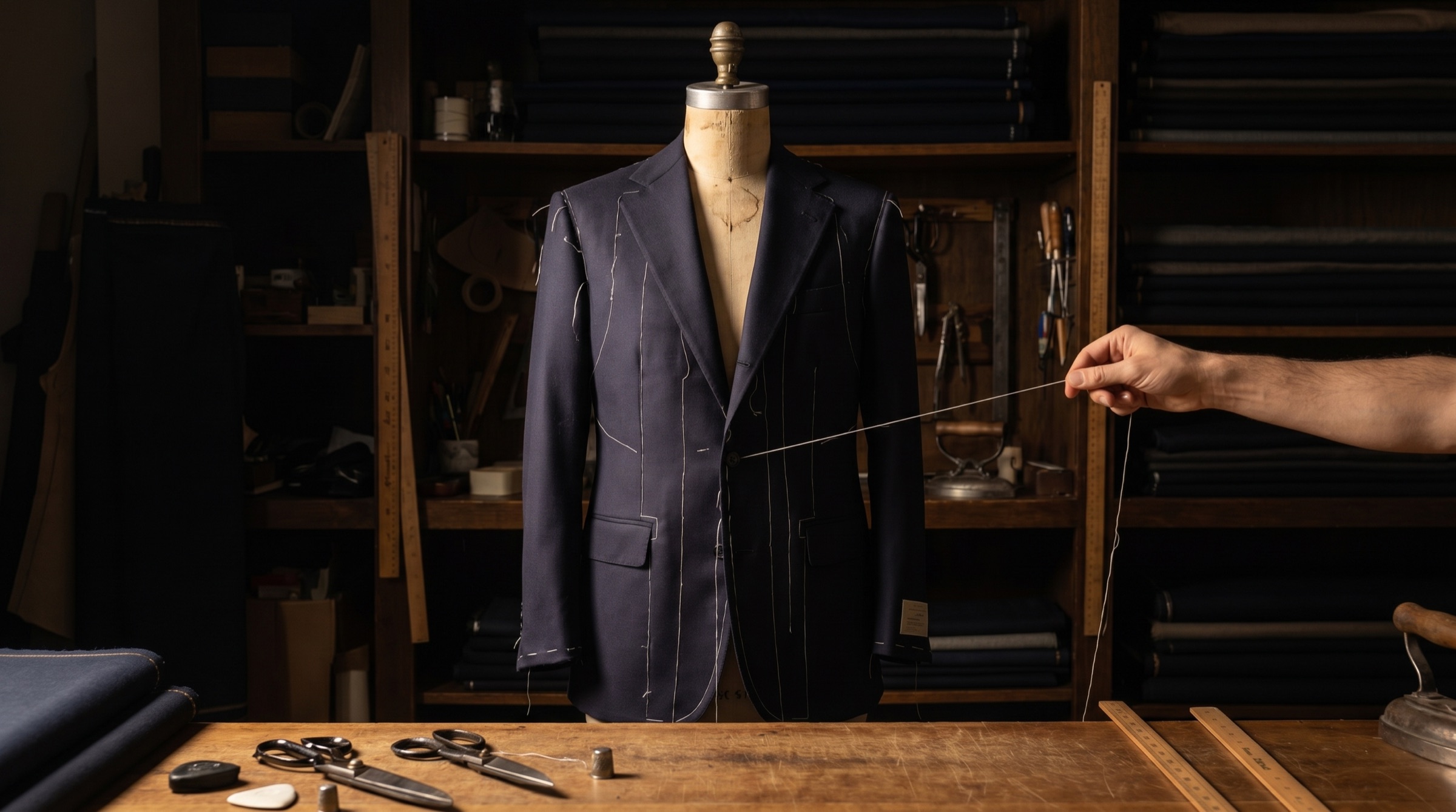 Kyle's navy coat in construction on a tailor's form, basting threads and exposed canvas