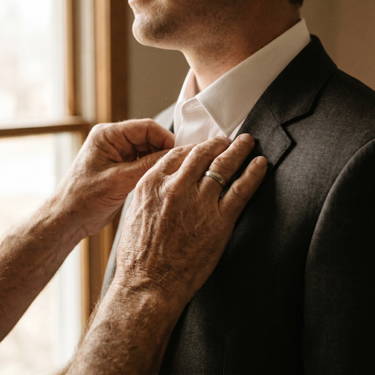 Older hands straightening a younger man's collar
