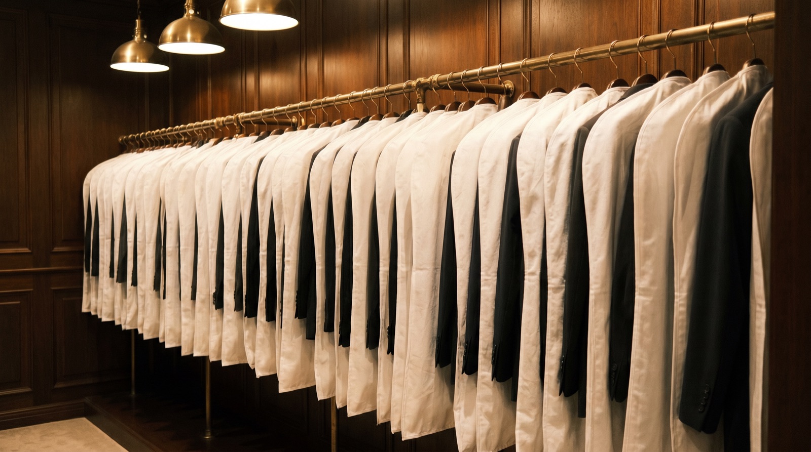 Pressed rental suits in garment bags on a brass rail